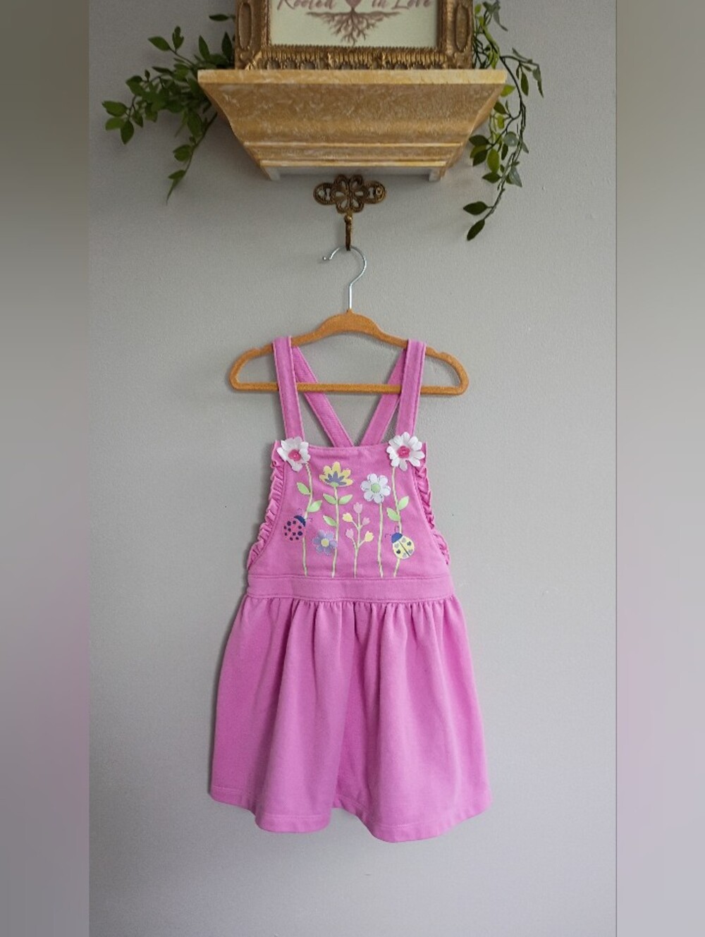 Pink Floral Applique Overalls Dress